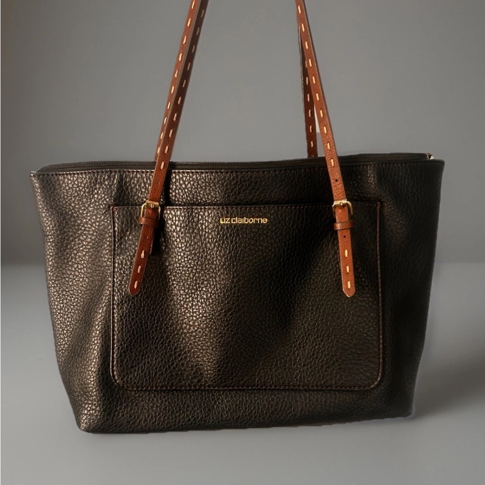 Liz Claiborne Black Pebbled Tote Bag with Brown Straps